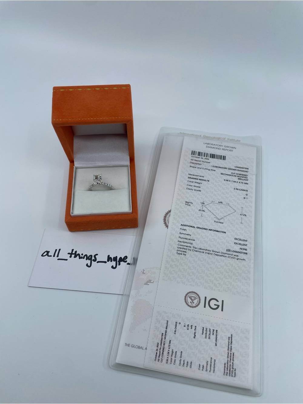 2.96CT IGI Certified G/SI1 CVD Lab Grown Diamond Engagement Ring 925 Sz 7
